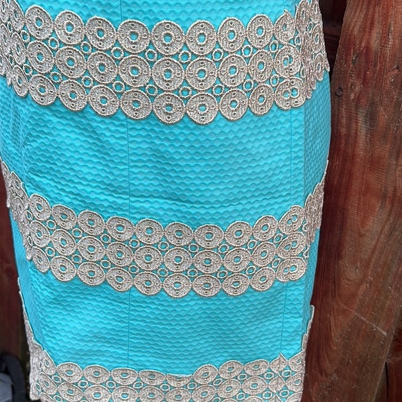 Lilly Pulitzer Annabelle Shift Shorely Blue Gold Lace Dress Size 4 - Picture 7 of 14